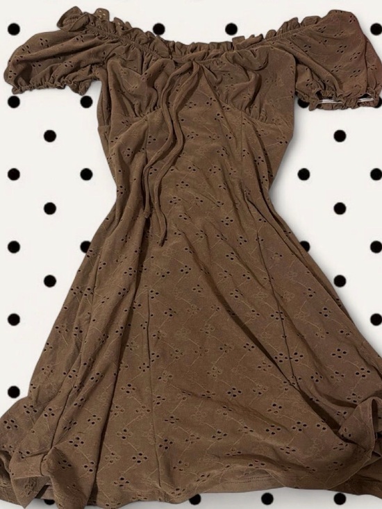 Dresses & Skirts - Off-Shoulder Brown Eyelet Midi Dress
